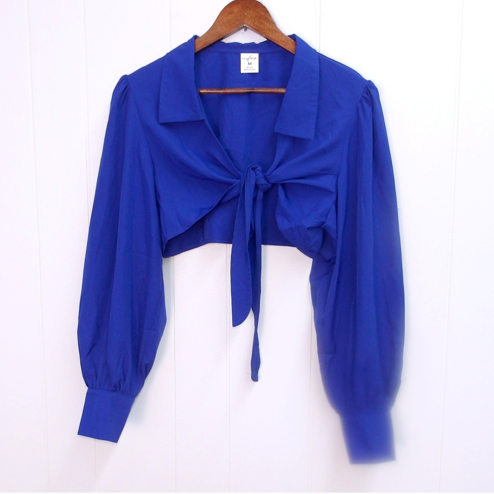 Cosplaya Blue Crop Tie Blouse Casual Shirt Top‎ Size Medium / #1210
